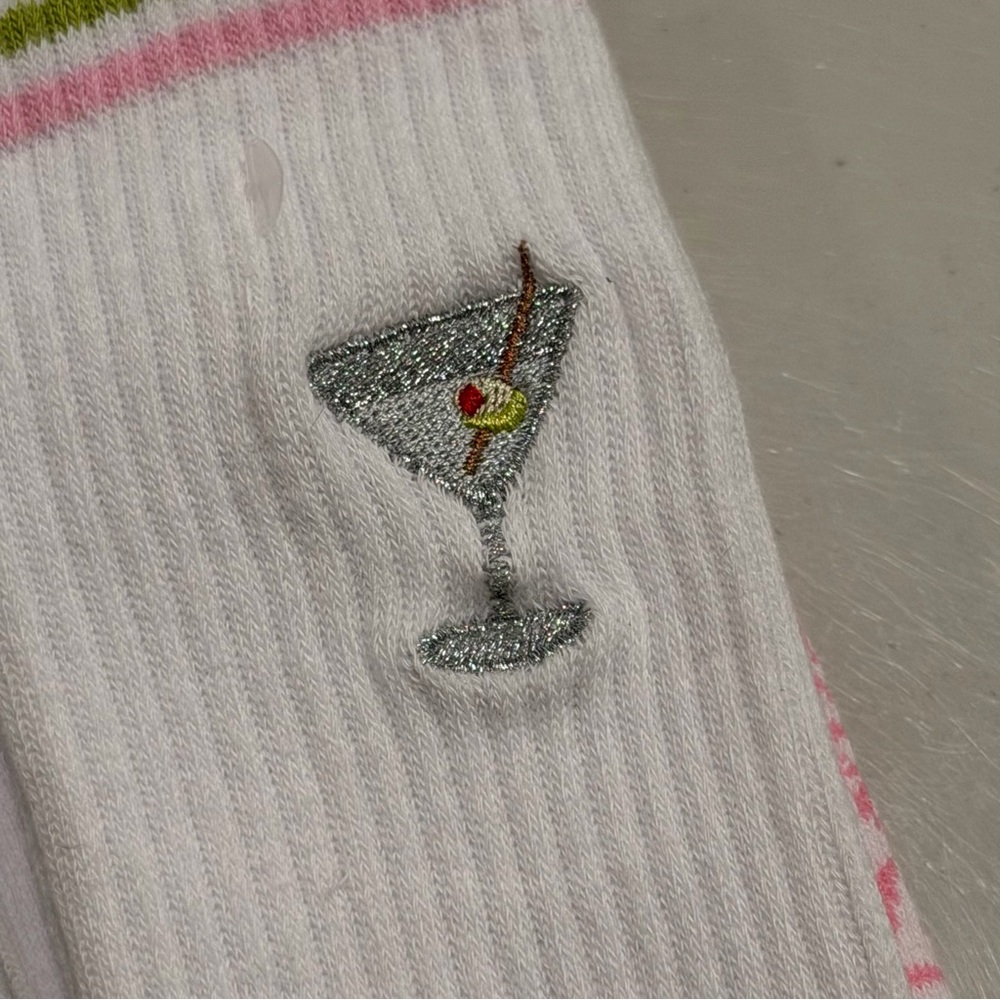 White Socks with Martini Glass Embroidery